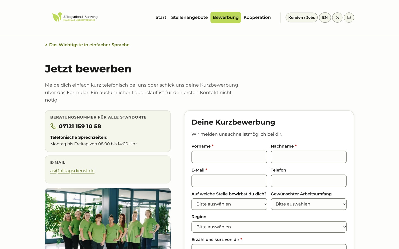 Kurzbewerbung für neue Mitarbeitende
