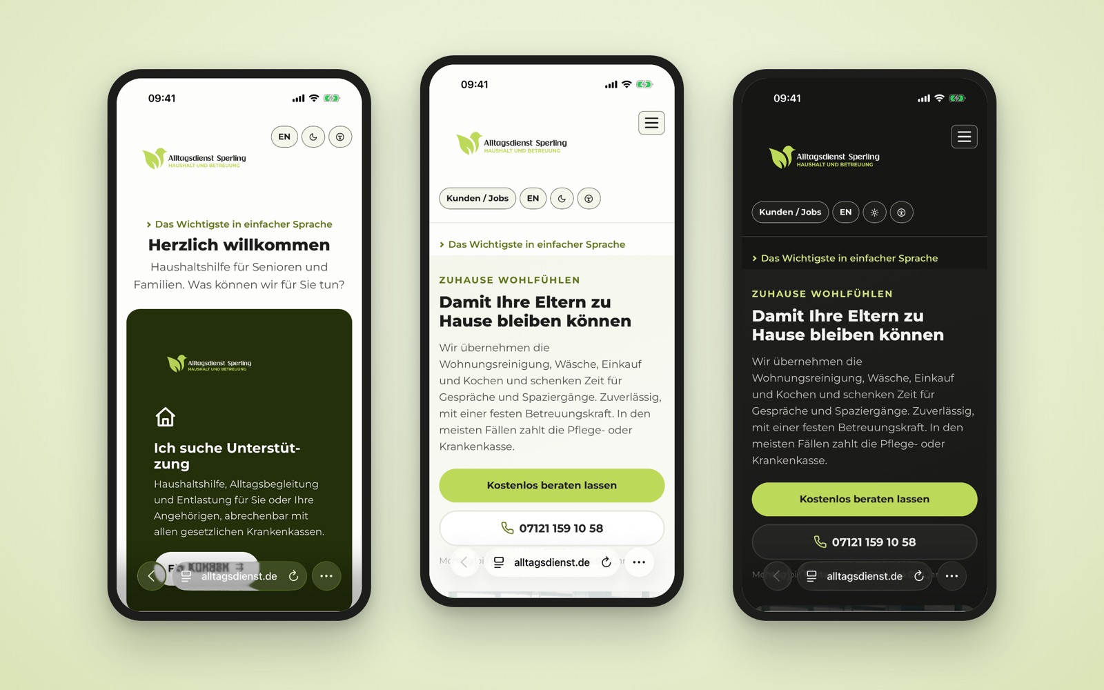 Die Webseite auf dem iPhone, hell und dunkel