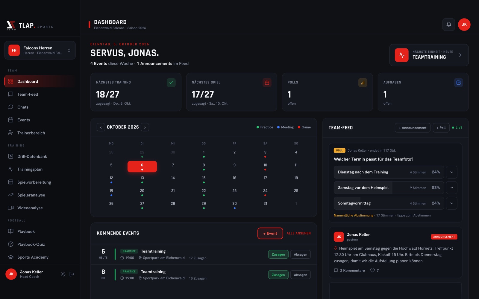 Dashboard der Web-App mit Kalender und Team-Feed