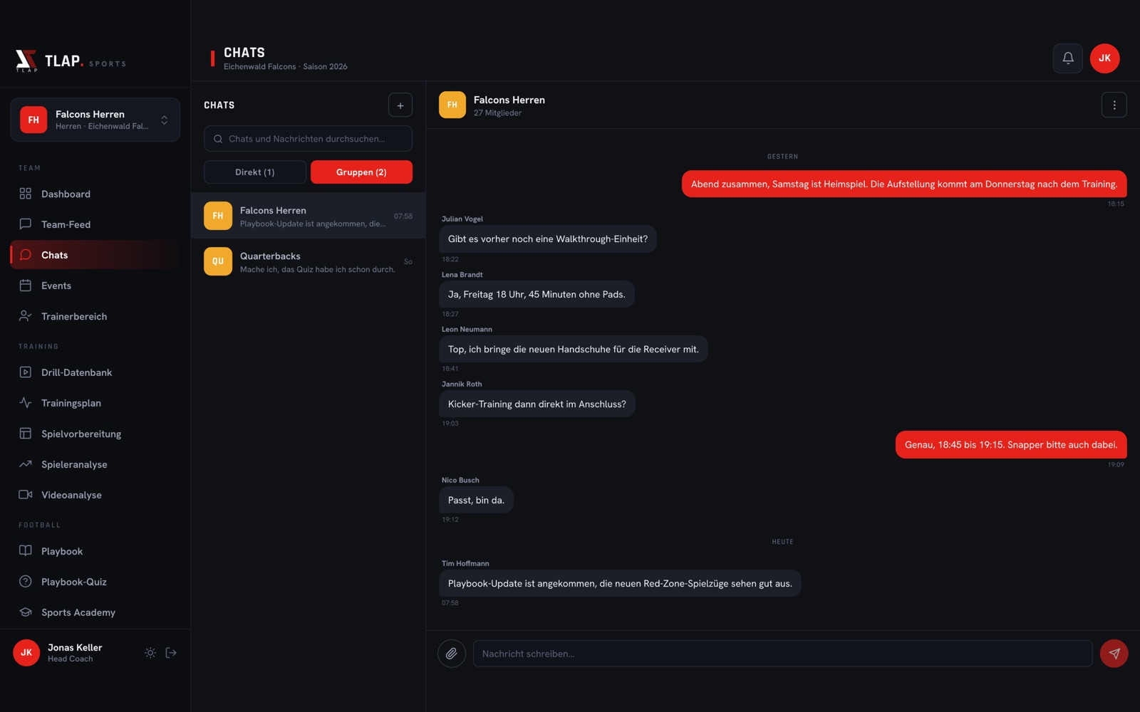 Chat für Mannschaft und Trainer