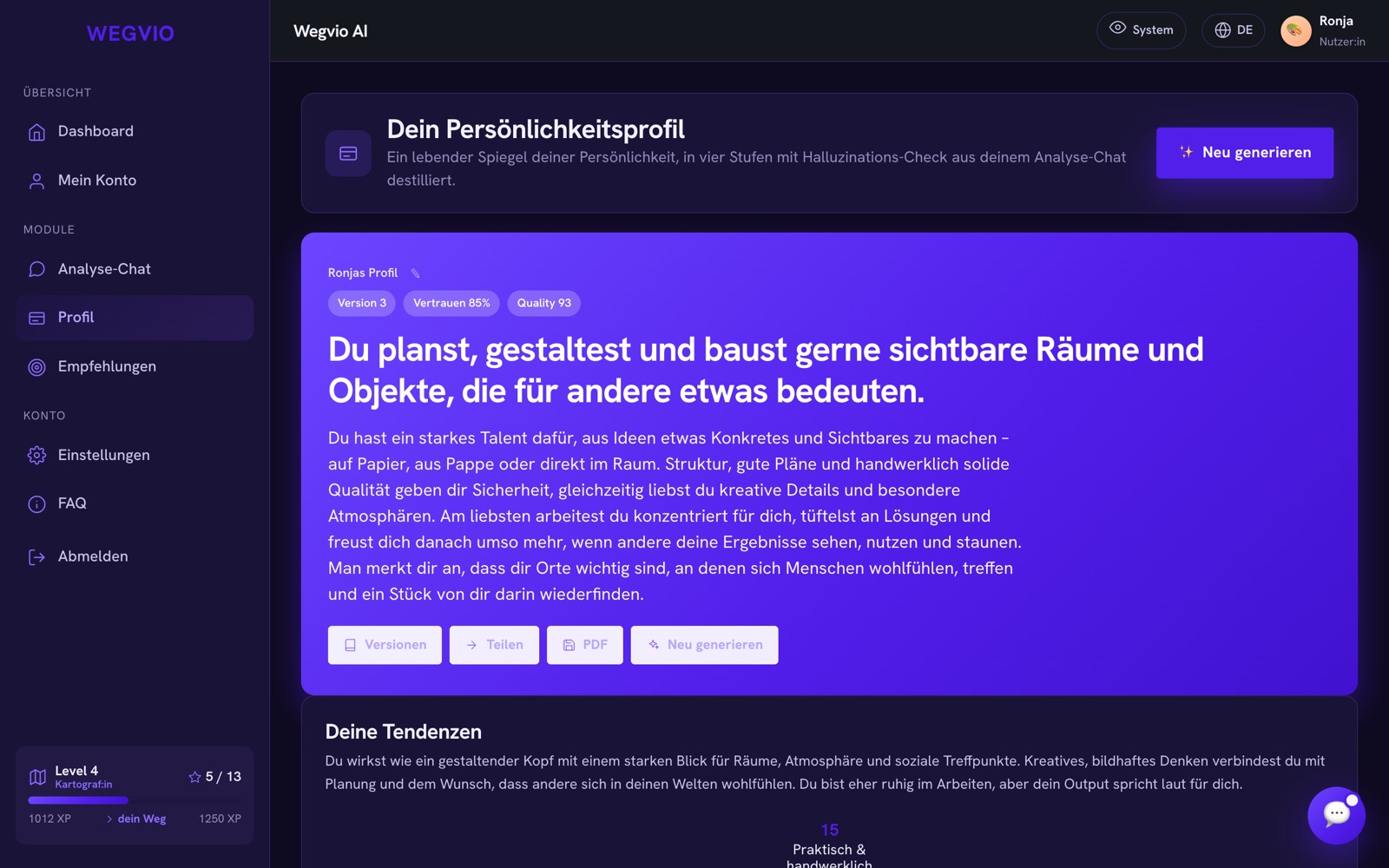 Persönlichkeitsprofil mit RIASEC-Auswertung